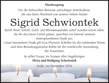 Traueranzeige von Sigrid Schwiontek von Mitteldeutsche Zeitung Merseburg/Querfurt