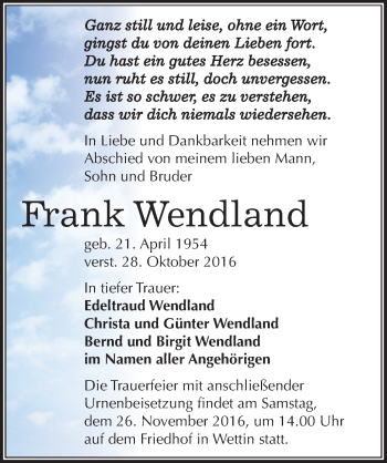 Traueranzeige von Frank Wendland von Mitteldeutsche Zeitung Halle/Saalkreis