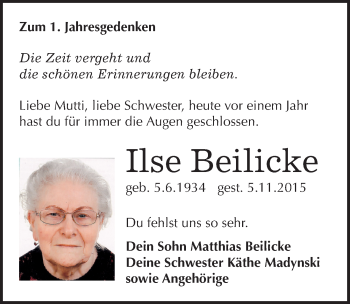 Traueranzeige von Ilse Beilicke von Mitteldeutsche Zeitung Sangerhausen