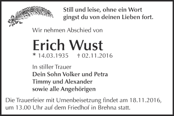 Traueranzeige von Erich Wust von WVG - Wochenspiegel Bitterfeld