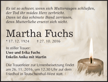 Traueranzeige von Martha Fuchs von Mitteldeutsche Zeitung Halle/Saalkreis