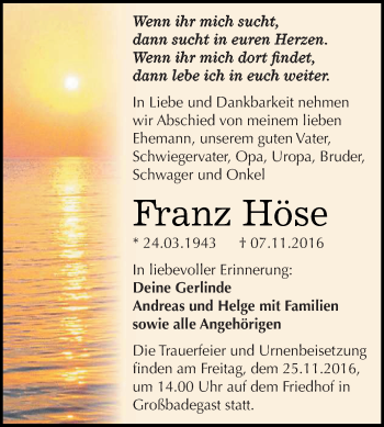 Traueranzeige von Franz Höse von WVG - Wochenspiegel Dessau / Köthen