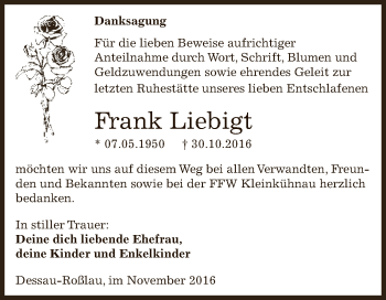 Traueranzeige von Frank Liebigt von WVG - Wochenspiegel Dessau / Köthen