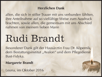 Traueranzeige von Rudi Brandt von Mitteldeutsche Zeitung Merseburg/Querfurt