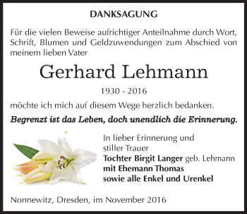 Traueranzeige von Gerhard Lehmann von Mitteldeutsche Zeitung Zeitz