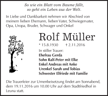 Traueranzeige von Rolf Müller von WVG - Wochenspiegel Merseburg