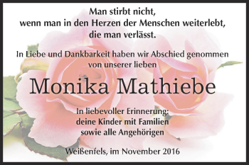 Traueranzeige von Monika Mathiebe von WVG - Wochenspiegel NMB / WSF / ZTZ