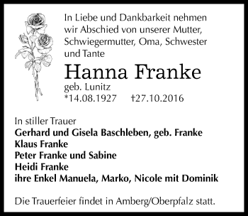 Traueranzeige von Hanna Franke von Mitteldeutsche Zeitung Bernburg