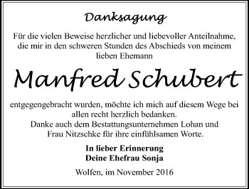 Traueranzeige von Manfred Schubert von Mitteldeutsche Zeitung Bitterfeld