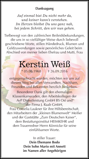 Traueranzeige von Kerstin Weiß von WVG - Wochenspiegel NMB / WSF / ZTZ