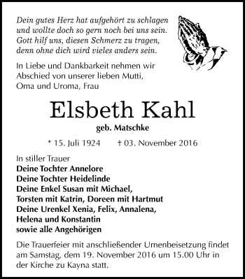 Traueranzeige von Elsbeth Kahl von Mitteldeutsche Zeitung Zeitz