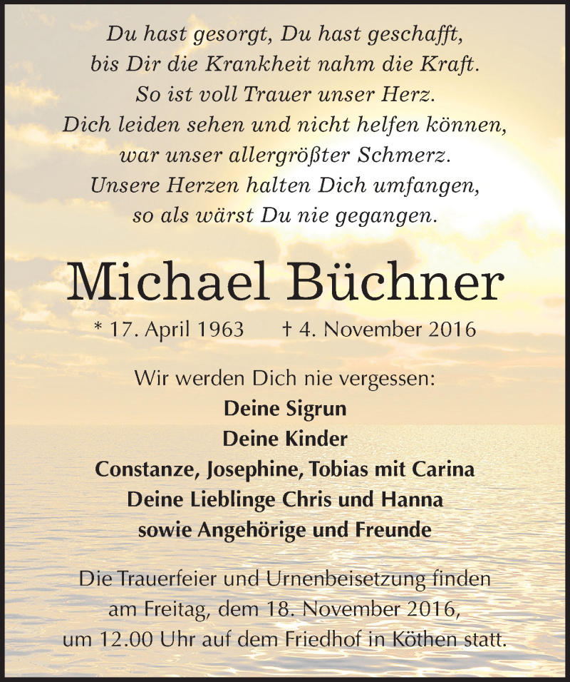  Traueranzeige für Michael Büchner vom 10.11.2016 aus Mitteldeutsche Zeitung Köthen