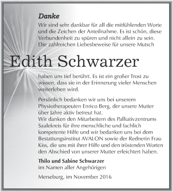 Traueranzeige von Edith Schwarzer von WVG - Wochenspiegel Merseburg