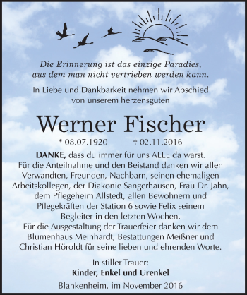 Traueranzeige von Werner Fischer von Mitteldeutsche Zeitung Sangerhausen