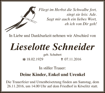 Traueranzeige von Lieselotte Schneider von WVG - Wochenspiegel Dessau / Köthen