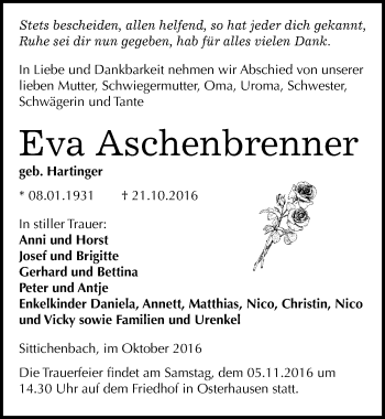 Traueranzeige von Eva Aschenbrenner von Mitteldeutsche Zeitung Mansfelder Land