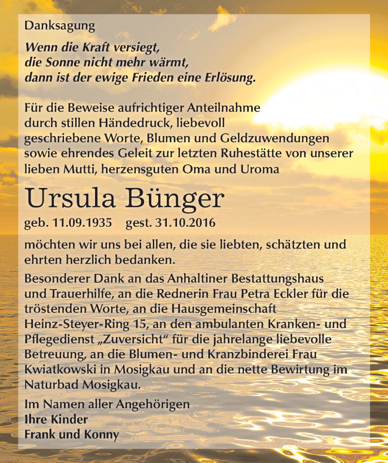  Traueranzeige für Ursula Bünger vom 17.11.2016 aus Mitteldeutsche Zeitung Dessau-Roßlau