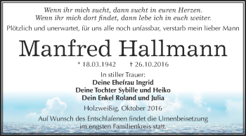 Traueranzeige von Manfred Hallmann von WVG - Wochenspiegel Bitterfeld