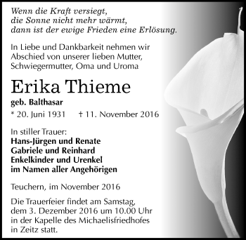 Traueranzeige von Erika Thieme von Mitteldeutsche Zeitung Weißenfels