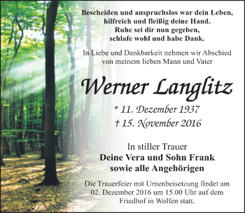 Traueranzeige von Werner Langlitz von Mitteldeutsche Zeitung Bitterfeld
