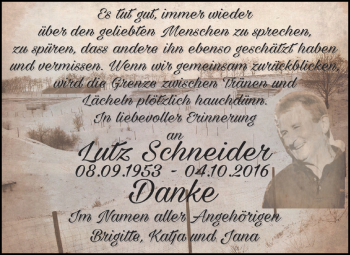 Traueranzeige von Lutz Schneider von Wochenspiegel Mansfelder Land