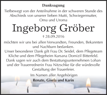Traueranzeige von Ingeborg Gröber von WVG - Wochenspiegel Bitterfeld