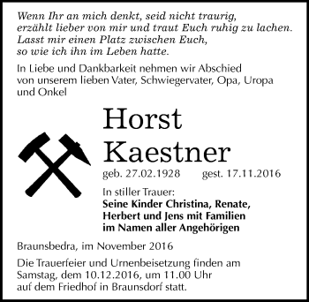 Traueranzeige von Horst Kaestner von Mitteldeutsche Zeitung Merseburg/Querfurt