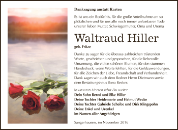 Traueranzeige von Waltraud Hiller von WVG - Wochenspiegel SGH