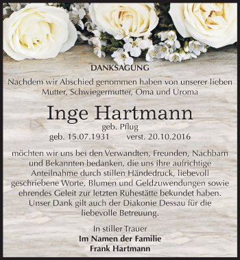 Traueranzeige von Inge Hartmann von Mitteldeutsche Zeitung Dessau-Roßlau