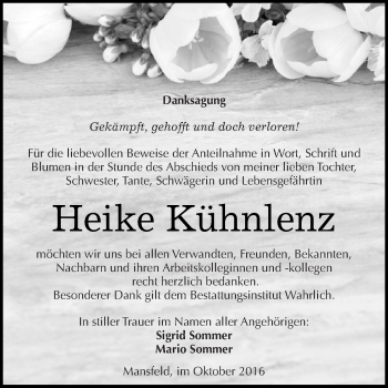 Traueranzeige von Heike Kühnlenz von Wochenspiegel Mansfelder Land
