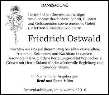 Traueranzeige von Friedrich Ostwald von Mitteldeutsche Zeitung Bernburg