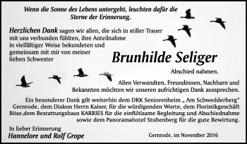 Traueranzeige von Brunhilde Seliger von WVG - Wochenspiegel Quedlinburg