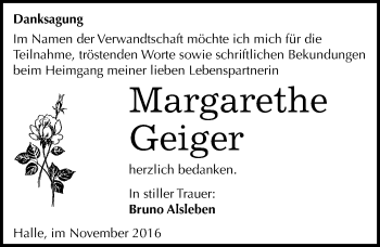 Traueranzeige von Margarethe Geiger von Mitteldeutsche Zeitung Halle/Saalkreis