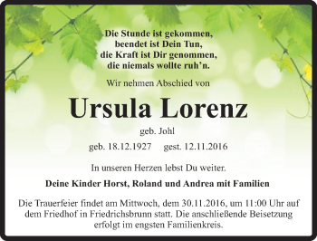 Traueranzeige von Ursula Lorenz von Mitteldeutsche Zeitung Quedlinburg