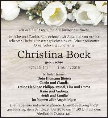 Traueranzeige von Christina Bock von Mitteldeutsche Zeitung Halle/Saalkreis