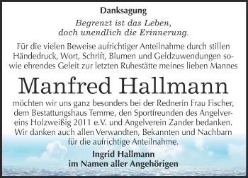 Traueranzeige von Manfred Hallmann von WVG - Wochenspiegel Bitterfeld