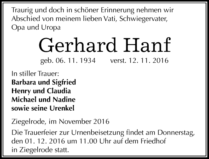  Traueranzeige für Gerhard Hanf vom 19.11.2016 aus Mitteldeutsche Zeitung Mansfelder Land