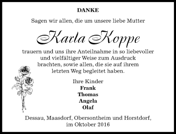 Traueranzeige von Karla Koppe von Mitteldeutsche Zeitung Dessau-Roßlau