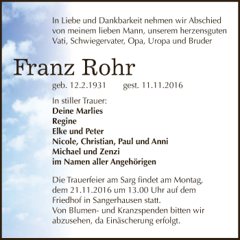 Traueranzeige von Franz Rohr von Super Sonntag SGH Mansf. Land