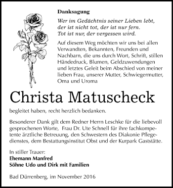 Traueranzeige von Christa Matuscheck von Mitteldeutsche Zeitung Merseburg/Querfurt