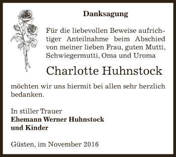 Traueranzeige von Charlotte Huhnstock von Super Sonntag Bernburg
