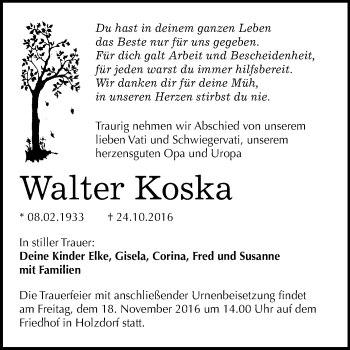 Traueranzeige von Walter Koska von WVG - Wochenspiegel Wittenberg