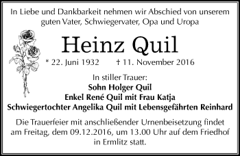 Traueranzeige von Heinz Quil von Mitteldeutsche Zeitung Merseburg/Querfurt