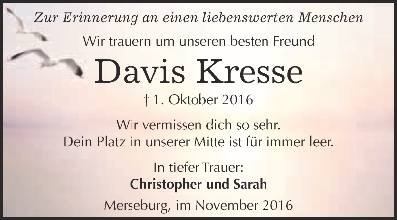  Traueranzeige für Davis Kresse vom 12.11.2016 aus Super Sonntag Merseburg