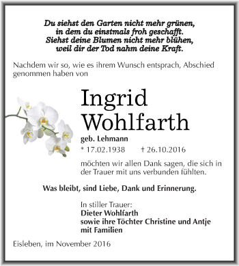 Traueranzeige von Ingrid Wohlfarth von Wochenspiegel Mansfelder Land