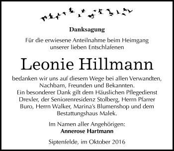 Traueranzeige von Leonie Hillmann von Mitteldeutsche Zeitung Quedlinburg