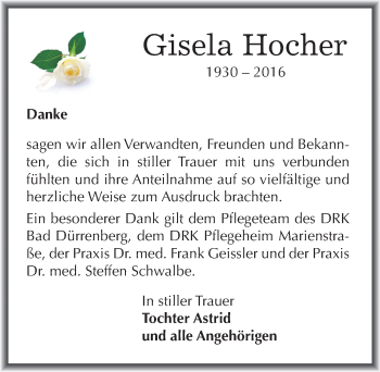 Traueranzeige von Gisela Hocher von Mitteldeutsche Zeitung Weißenfels
