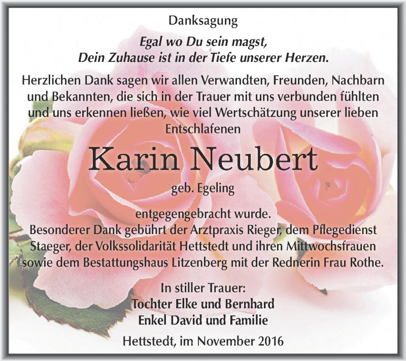  Traueranzeige für Karin Neubert vom 30.11.2016 aus Wochenspiegel Mansfelder Land