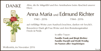 Traueranzeige von Anna Maria und Edmund Richter von WVG - Wochenspiegel NMB / WSF / ZTZ