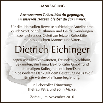 Traueranzeige von Dietrich Eichinger von WVG - Wochenspiegel NMB / WSF / ZTZ